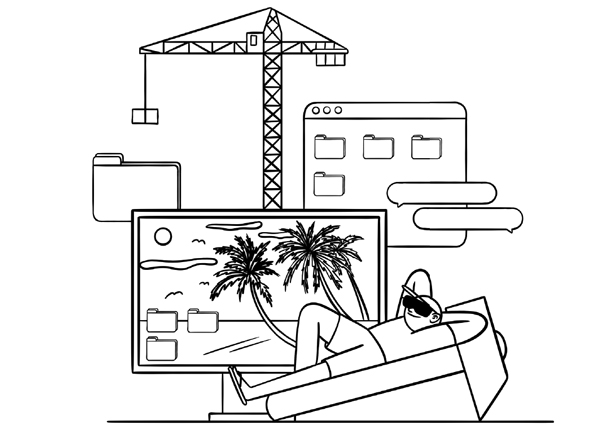 Ilustración de un hombre sentado en un sofá moderno ante un ordenador muy grande con un fondo de pantalla de una playa con palmeras. Detrás de esta pantalla se ven ventanas de programas informáticos con sus carpetas, nubes de diálogo y una grúa de construcción al fondo.