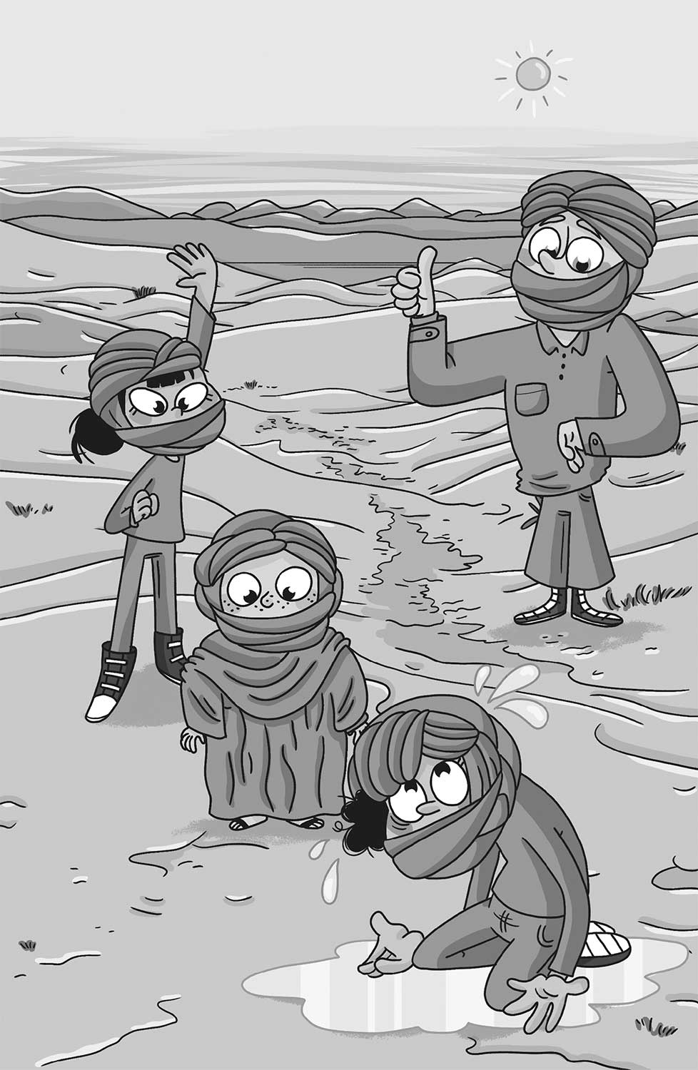 Ilustración de cuatro chicos en medio de un desierto con la cabeza cubierta con un pañuelo que solo les deja ver los ojos. Uno de ellos está en medio de un charco, de rodillas, y luce un sol sin nubes en el cielo.
