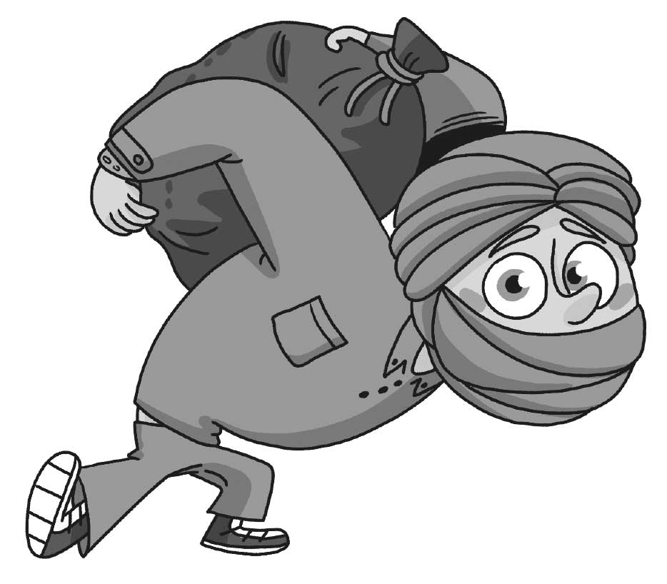 Ilustración de un chico con la cabeza cubierta con un pañuelo. En la espalda lleva un saco muy grande.