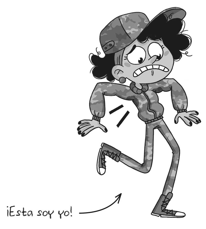 Ilustración de una chica que viste con un chándal y una gorra con estampado militar. Tiene unos grandes ojos, la mirada baja, los dientes apretados, el pelo negro y rizado y le cae un moco de la nariz. ¡Esta soy yo!