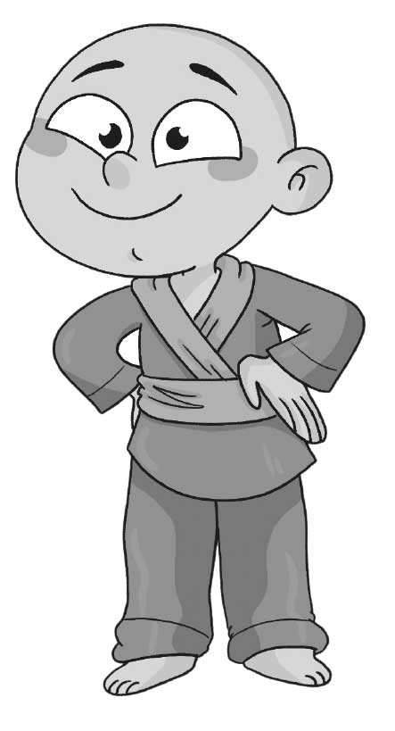 Ilustración de un niño con túnica, lleva el pelo rapado y luce dos grandes ojos y una sonrisa. Va descalzo.