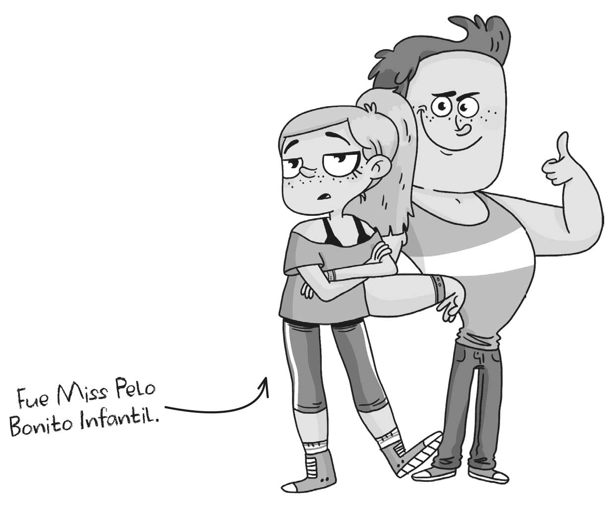 Ilustración de un chico y una chica de lado. El chico es corpulento, lleva un tupé en el pelo y tiene el pulgar levantado y una gran sonrisa. La chica tiene los brazos cruzados, el pelo rubio y largo atado en una coleta y media sonrisa. Se indica que ella fue Miss Pelo Bonito Infantil.