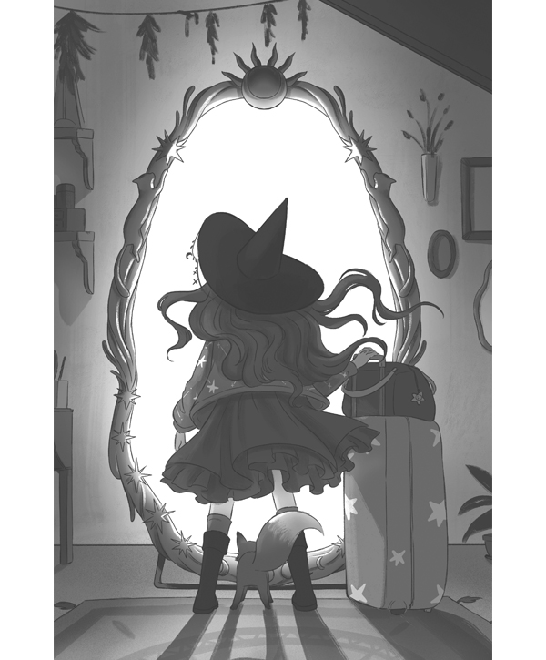 Ilustración de una chica de espaldas con un sombrero acabado en punta, falda y botas ante un marco con el interior iluminado. A sus pies hay un zorro y tiene una maleta de viaje al lado.