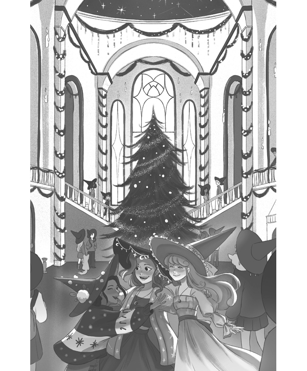 Ilustración de tres chicas con sombrero acabado en punta ante un gran árbol decorado con bolas. Están sonriendo en medio de una gran sala con escaleras en la que hay personas alrededor.
