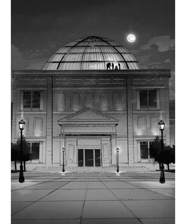 Ilustración de un edificio con una gran cúpula de cristal situado en una plaza. En el tejado ante la cúpula hay las siluetas de cuatro personas.