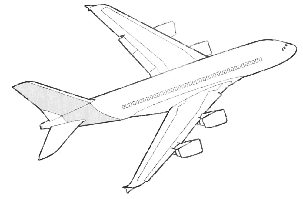 Ilustración de un avión de pasajeros con cuatro motores a reacción.