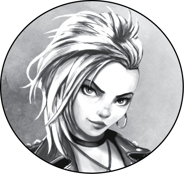 Ilustración de una chica rubia con un peinado liso y escalado que le cae hacia un lado. Sus cejas son finas y largas y los ojos alargados, la mirada intensa. Su nariz es redonda y los labios gruesos dibujando una media sonrisa. Viste una chaqueta de piel y lleva dos collares y aros en las orejas.