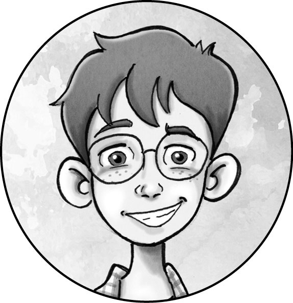 Ilustración de un niño con grandes gafas redondas, pelo castaño, orejas de soplillo y una gran sonrisa.