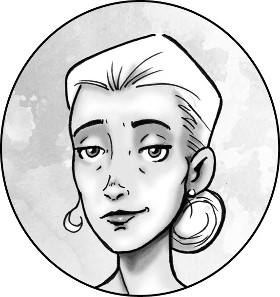 Ilustración de una mujer de mediana edad con el pelo rubio sujeto en un moño bajo. Tiene los ojos entornados y media sonrisa.