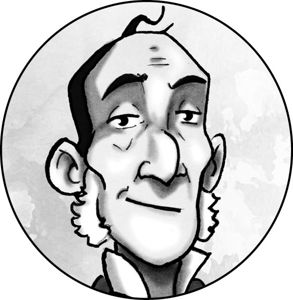 Ilustración de un hombre mayor con patillas canosas. Tiene los ojos pequeños y media sonrisa.