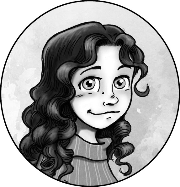 Ilustración de una niña con grandes ojos y media sonrisa. Lleva una larga melena suelta por detrás de la espalda.
