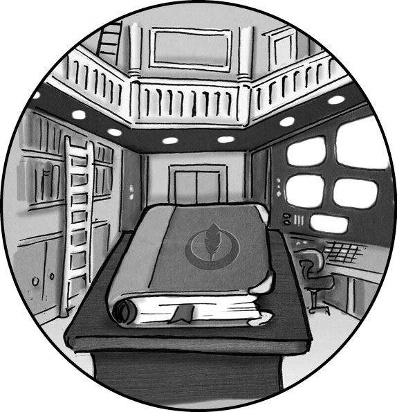 Ilustración del interior de una estancia de dos plantas. A un lado hay librerías y en el otro ordenadores y varias pantallas. En un primer plano y encima de un pedestal hay un libro cerrado.