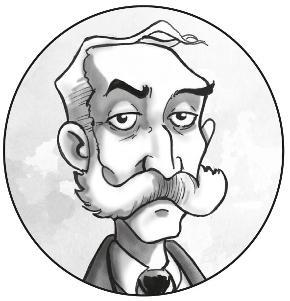Ilustración de un hombre de mediana edad con patillas y bigote canoso. Tiene los ojos pequeños y las cejas arqueadas.