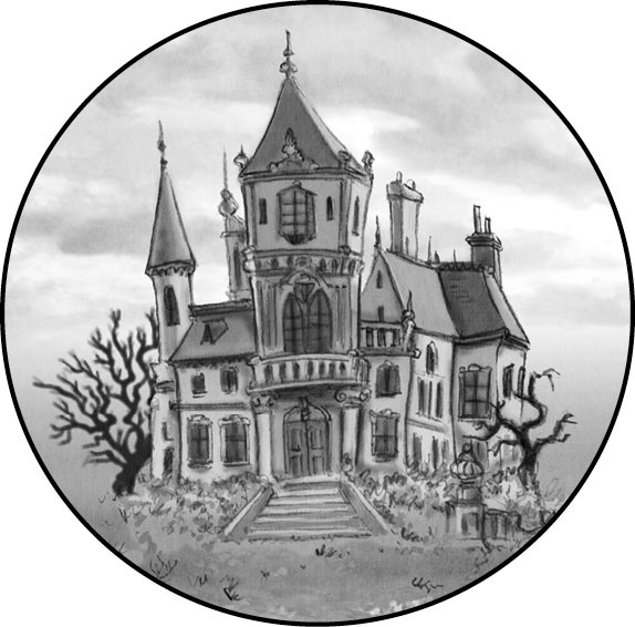 Il·lustració d’una mansió enmig d’un descampat amb un parell d’arbres sense fulles al jardí.