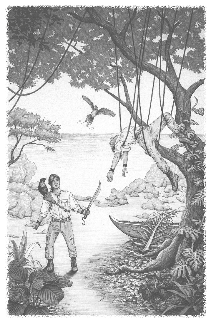 Ilustración a página completa en blanco y negro que muestra a Ocaso, un hombre de mediana edad con el pelo oscuro recogido en una coleta, botas y ropa de explorador, de aspecto cómodo y con muchos bolsillos. Está de pie en una playa junto a su canoa, empuñando un machete enorme y observando sorprendido un árbol del que cuelga una visión de su propio cadáver, suspendido en unas lianas. Sobre un protector que le cubre el hombro está posada Sak, su aviar con forma de cuervo, de plumaje negro y pico recto, y más atrás vuela Kokerlii, su aviar parecido a un papagayo, de plumaje claro y pico curvo.