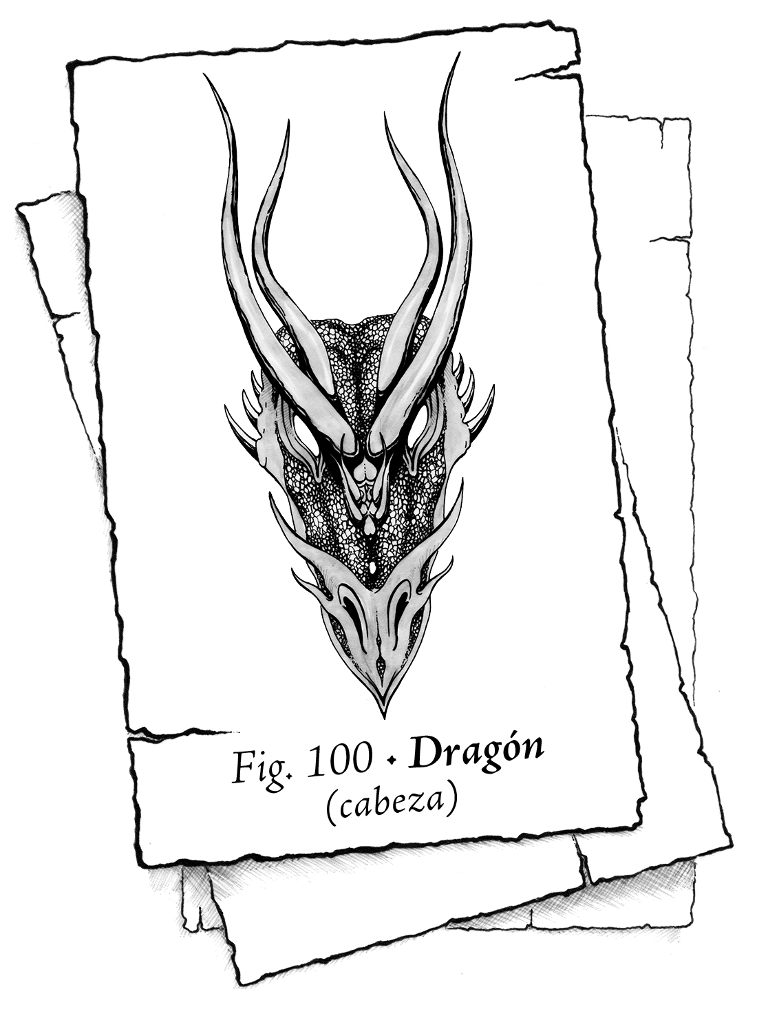 Naipe en blanco y negro que muestra la cabeza de un dragón vista de frente, con escamas, mirada furiosa y cuatro cuernos que le nacen del entrecejo. El texto reza: Fig. 100 – Dragón (cabeza).