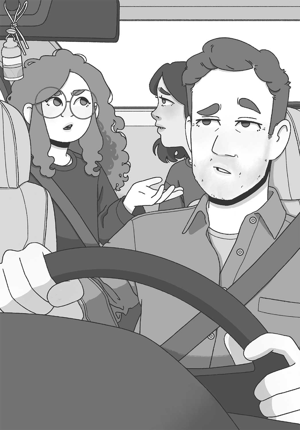 Ilustración del interior de un coche. Al volante hay un hombre de mediana edad con barba incipiente y, en el asiento de detrás, dos niñas, una de ellas con el pelo largo y rizado y grandes gafas redondas. A su lado la otra niña lleva el pelo moreno por el hombro.