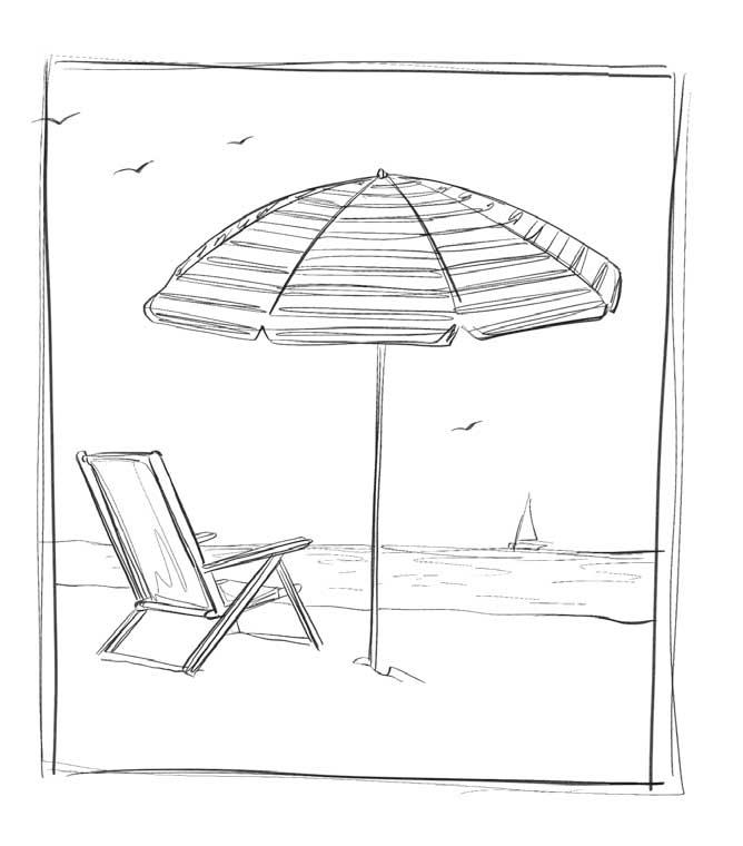 Ilustración de una playa con una silla y una sombrilla en la arena. A lo lejos en el mar hay un barco.
