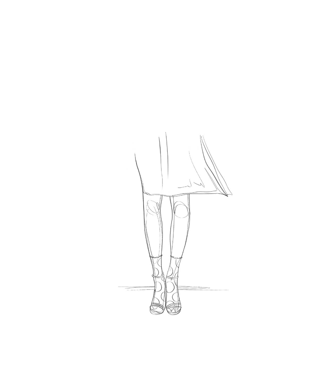 Ilustración del tronco inferior de una persona que lleva una falda por encima de las rodillas, unas sandalias y unos calcetines con círculos.