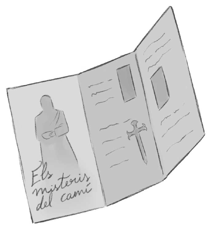 Il·lustració d’un tríptic en el que hi ha la figura d’algú amb túnica i mocador, una creu i un text que posa «Els misteris del camí».