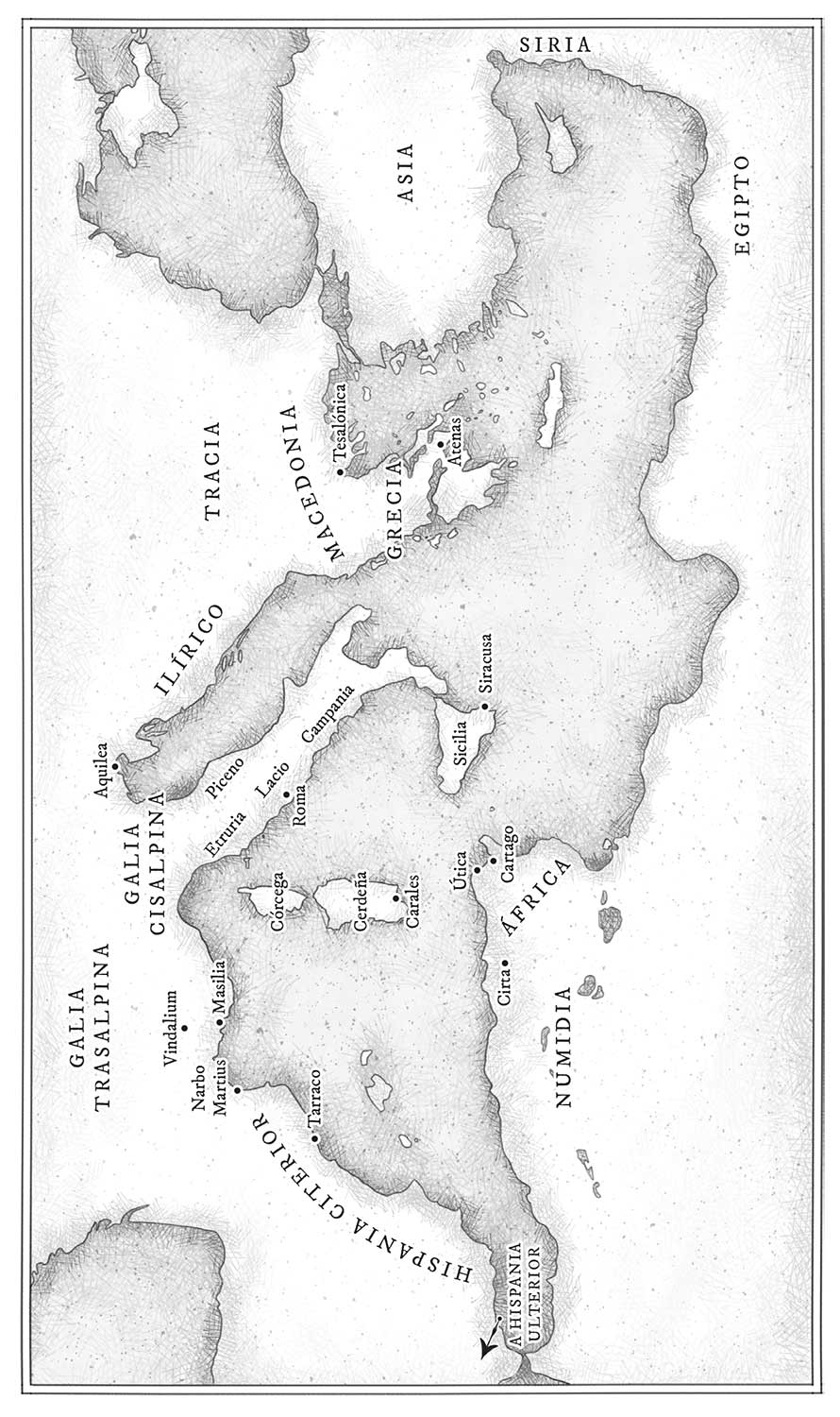 Mapa histórico del Mediterráneo central y oriental con la península itálica en el centro, Sicilia al sur y territorios circundantes, con etiquetas de regiones y pueblos antiguos como Hispania Citerior y Ulterior en el extremo occidental, Galia Cisalpina y Transalpina al norte, Ilírico y Tracia al noreste, Grecia y Macedonia al este, Asia y Siria más al este, Egipto al sureste y África y Numidia al sur, con el mar Mediterráneo ocupando el centro y numerosos nombres geográficos distribuidos según su ubicación.