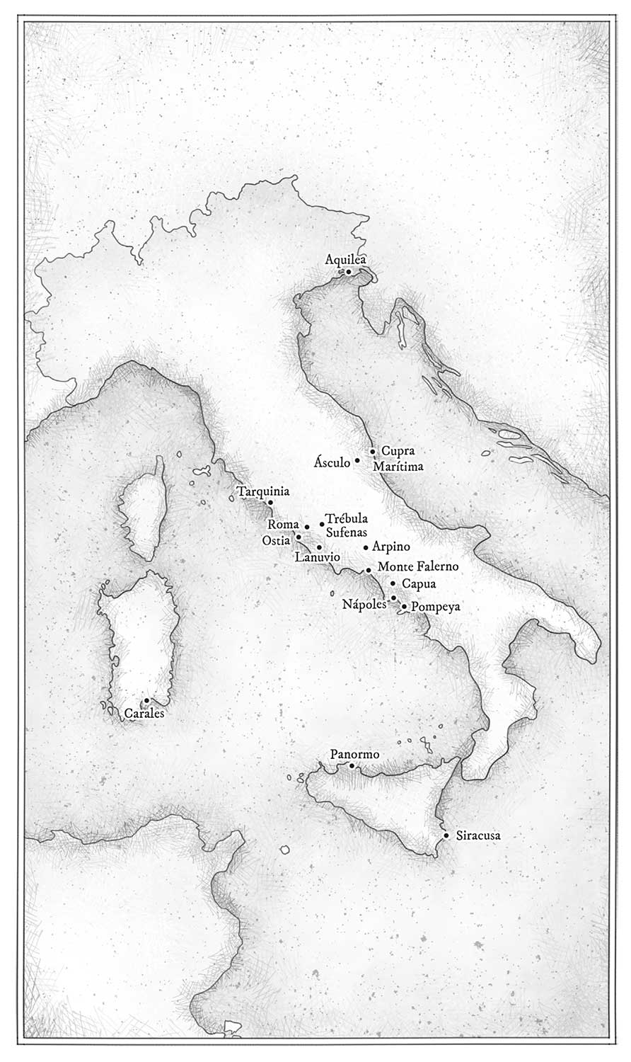 Mapa histórico de la península itálica con Sicilia al sur y Cerdeña al oeste, que señala ciudades y asentamientos antiguos mediante puntos y etiquetas, entre ellos Aquilea en el norte, Roma y Ostia en la zona central, Tarquinia, Lanuvio, Nápoles, Capua, Pompeya y Monte Falerno en el centro y sur, Siracusa y Panormo en Sicilia, y Cagliari en Cerdeña, mostrando la disposición territorial sin otros elementos gráficos explicativos.
