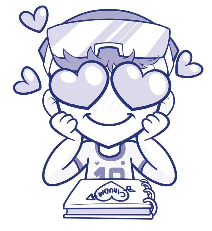 Ilustración de Niño Messi donde aparece con unos corazones en el lugar de los ojos. Sonríe además muy contento y de él salen más corazones que lo rodean. En el cuaderno que tiene ante él escribe el nombre de Lucía dentro de un corazón que ha dibujado.