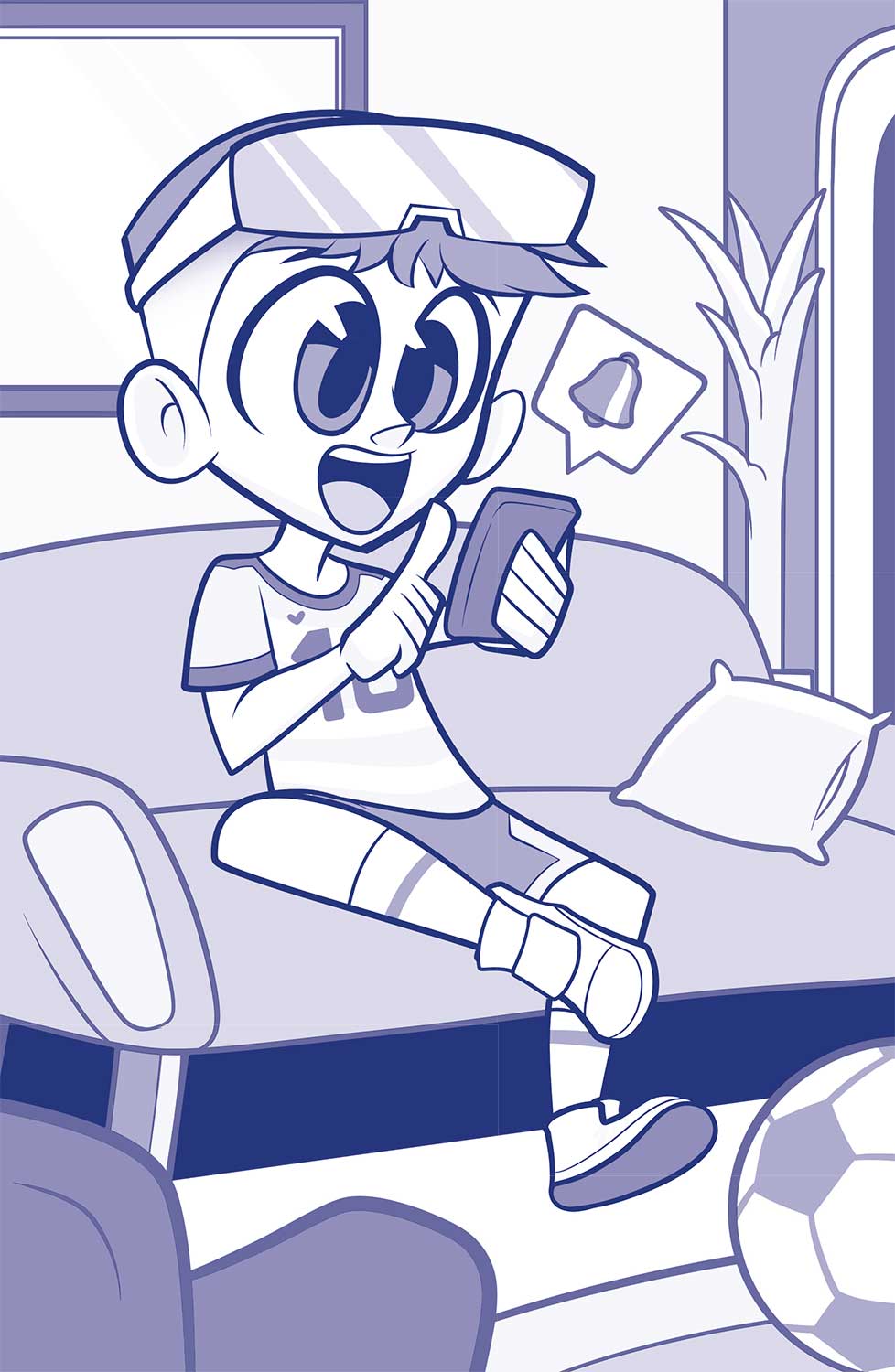 Ilustración del Niño Messi sentado en el sofá, con el uniforme de jugar al fútbol y las gafas deportivas, que sostiene ante él el teléfono móvil del que sale un icono de la alarma de haber recibido notificaciones. Está boquiabierto por algo que lee en la pantalla.