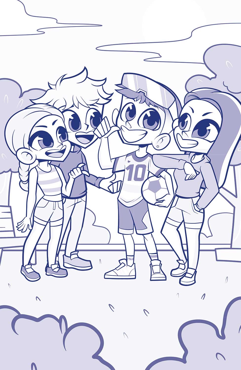 Ilustración de Niño Messi rodeado de sus amigos, Lucía, Ana y Raúl, que aparecen juntos en medio del parque. Niño Messi lleva siempre la camiseta con el número 10 que también usa Leo Messi, un balón de fútbol y unas gafas deportivas.