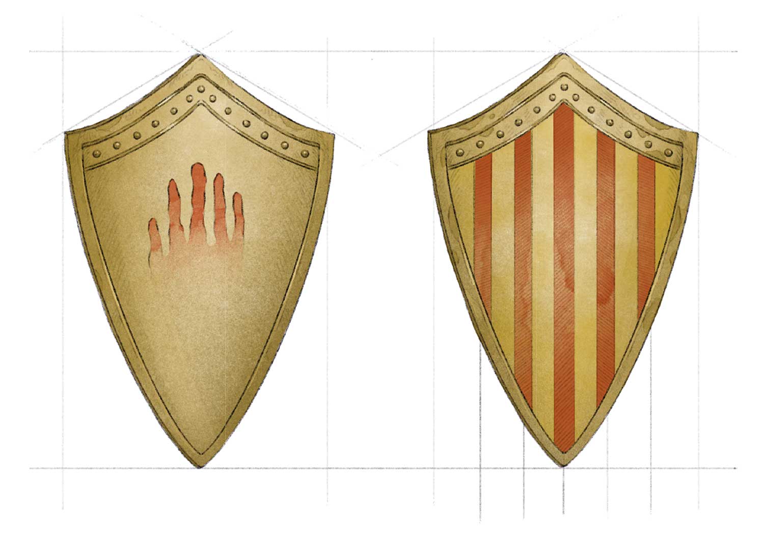 Il·lustració de dos escuts, l’un al costat de l’altre. El de l’esquerra és de color daurat i té les marques dels dits d’una mà en color vermell. I el de la dreta té cinc franges verticals vermelles sobre un fons daurat.