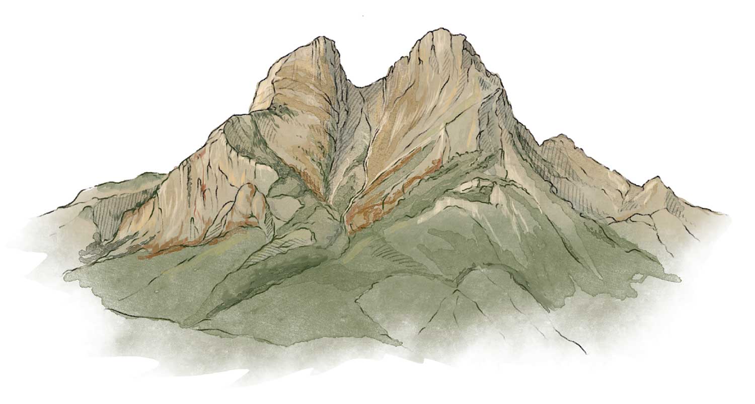 Il·lustració d’una muntanya amb dos cims i una tartera que la travessa.