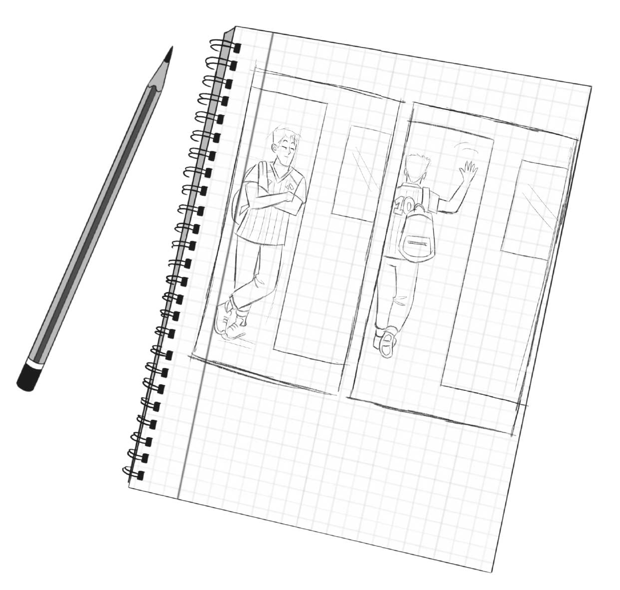 Ilustración de un cuaderno abierto en el centro con dos viñetas dibujadas en sus páginas y un lápiz colocado a la izquierda.
