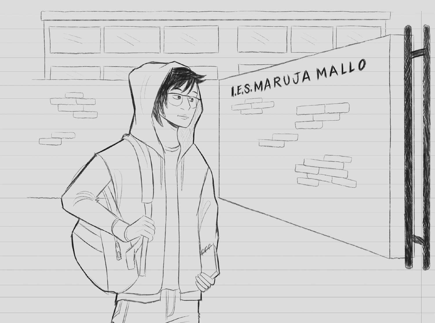 Ilustración de un chico con mochila situado a la izquierda frente a la entrada del instituto I.E.S. Maruja Mallo a la derecha, con muro y puerta metálica.
