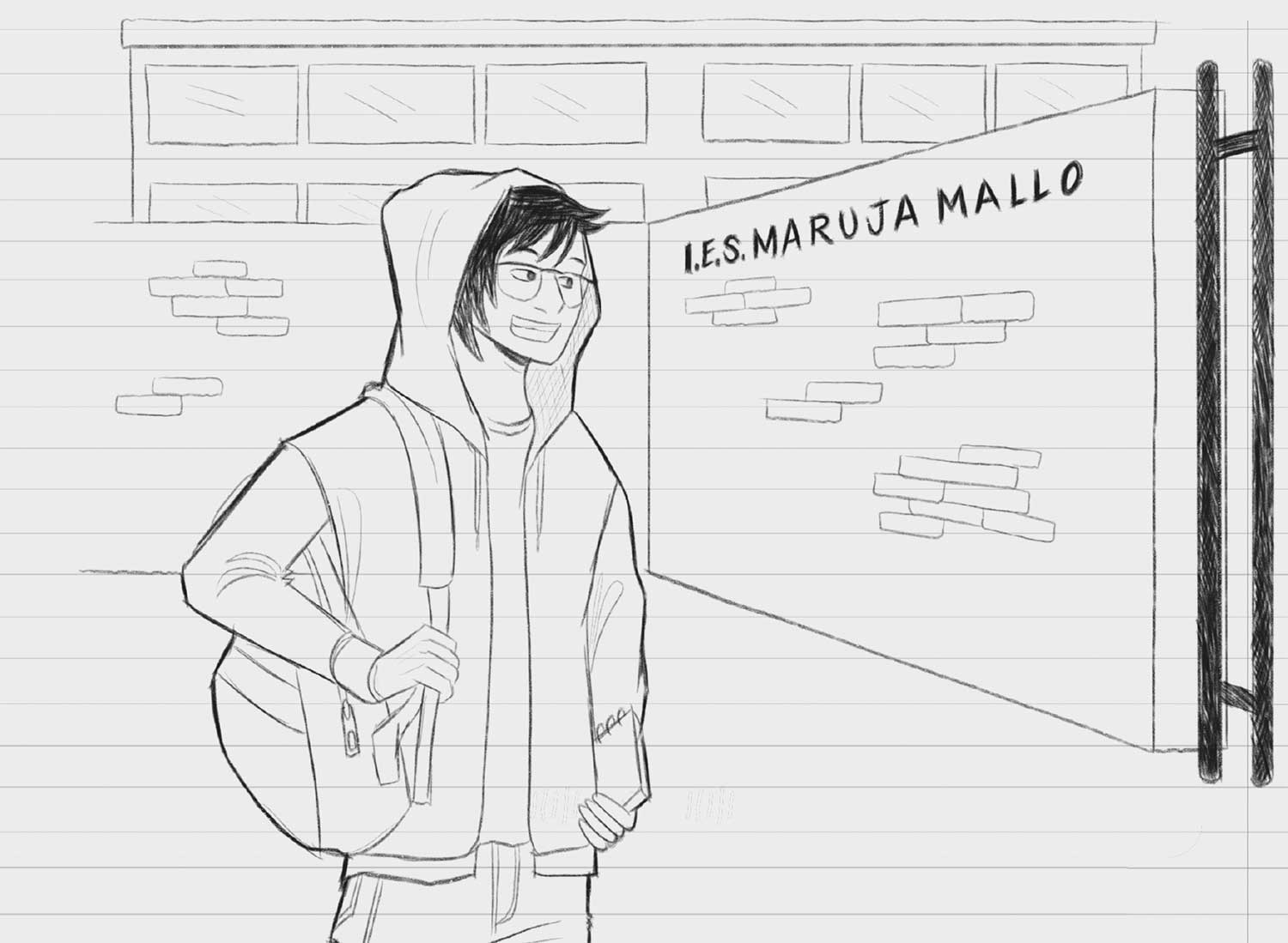 Ilustración de un chico sonriente con mochila en la parte inferior frente al instituto I.E.S. Maruja Mallo, con muro y acceso lateral.