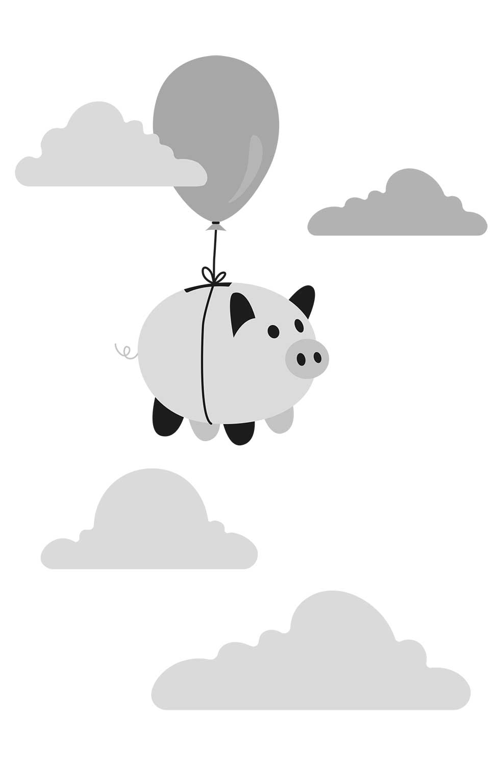Cerdito suspendido por un globo atado con una cuerda sobre su lomo, rodeado por varias nubes distribuidas arriba, a los lados y en la parte inferior.