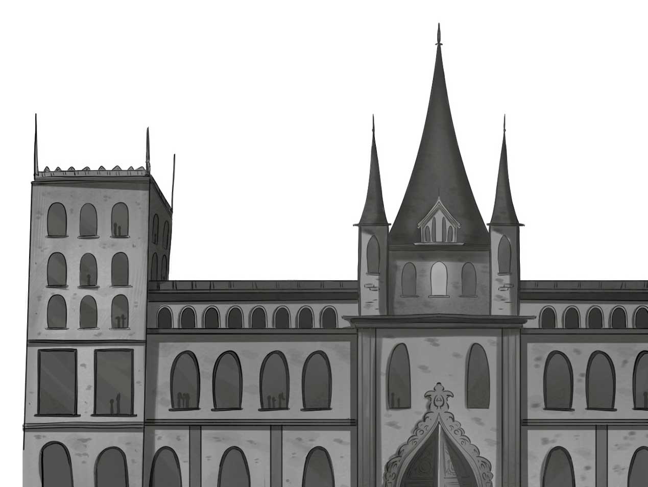 Il·lustració de la façana d’un edifici, on destaca una torre lateral i el cos central, amb rematades de pinyons i el seu pòrtic ornamentat.