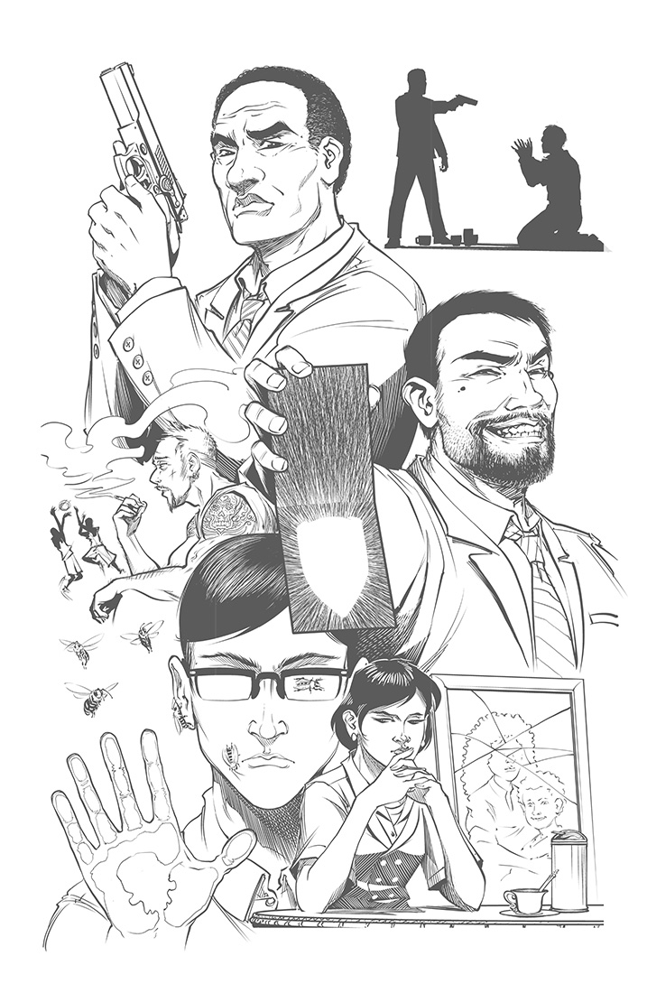 Ilustración a página completa en blanco y negro que recuerda a una página de cómic. La primera viñeta es un hombre de pelo corto, vestido con chaqueta y corbata, empuñando con ambas manos una pistola apuntada hacia arriba. La segunda es la silueta de un hombre de pie, sobre unas tazas que hay en el suelo, apuntando con una pistola a otro hombre arrodillado que tiene las manos levantadas en gesto de súplica. La tercera viñeta es un hombre tatuado, vestido con camiseta de tirantes, fumando con cara de atontado mientras mira a dos chicos que juegan a baloncesto. La cuarta viñeta es un hombre sonriente, con traje, corbata y un lunar en el pómulo derecho, que luce una sonrisa cruel mientras enseña una placa policial refulgente. La quinta viñeta es una mujer con gafas y pelo moreno recogido, que levanta una mano levantada y está rodeada por las seis abejas de la ilustración anterior, una de ellas en la mejilla y otra en su ojo. La sexta viñeta es una mujer de ojos rasgados, pelo corto y blusa de manga corta sentada a una mesa, con una taza y un azucarero, ante una foto de otra mujer de cabello largo y rizado con un niño.