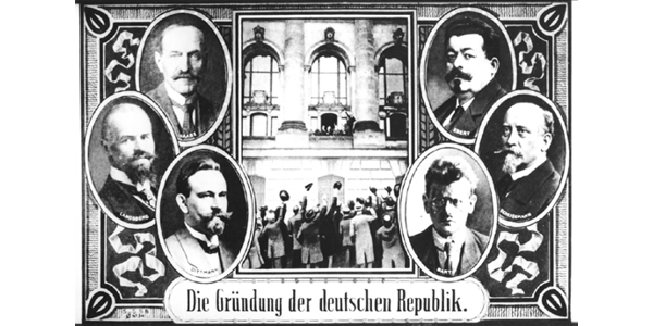 Fotografía compuesta por seis retratos colocados tres a la derecha y tres a la izquierda flanqueando la imagen  de la entrada de un edificio con personas alzando las manos.