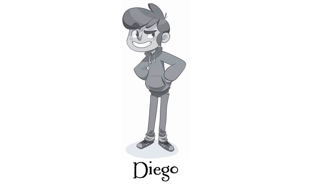 Ilustración que retrata a Diego con las manos en jarras, vestido con una sudadera, pantalones vaqueros y calzado deportivo. Tiene el pelo castaño corto y abundante, con un gran flequillo y un remolino en la coronilla, enseña sus dientes al sonreír al tiempo que frunce una ceja y levanta la otra.