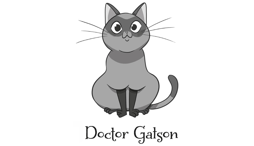 Ilustración que retrata a Doctor Gatson sentado sobre sus patas traseras, mira atento de frente lo que llama la atención sobre las sombras de su pelaje, que dibujan un antifaz alrededor de sus ojos. Las patas son más oscuras que el pelo del resto del cuerpo.