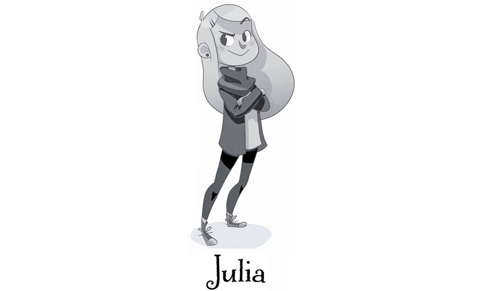Ilustración que retrata a Julia con los brazos cruzados, viste una braga para el cuello, una chaqueta y una camiseta y unas mallas. En los pies lleva unos botines deportivos. Tiene el cabello rubio y suelto, con el flequillo corto y sonríe a la vez que enarca una ceja y deja la otra fruncida.