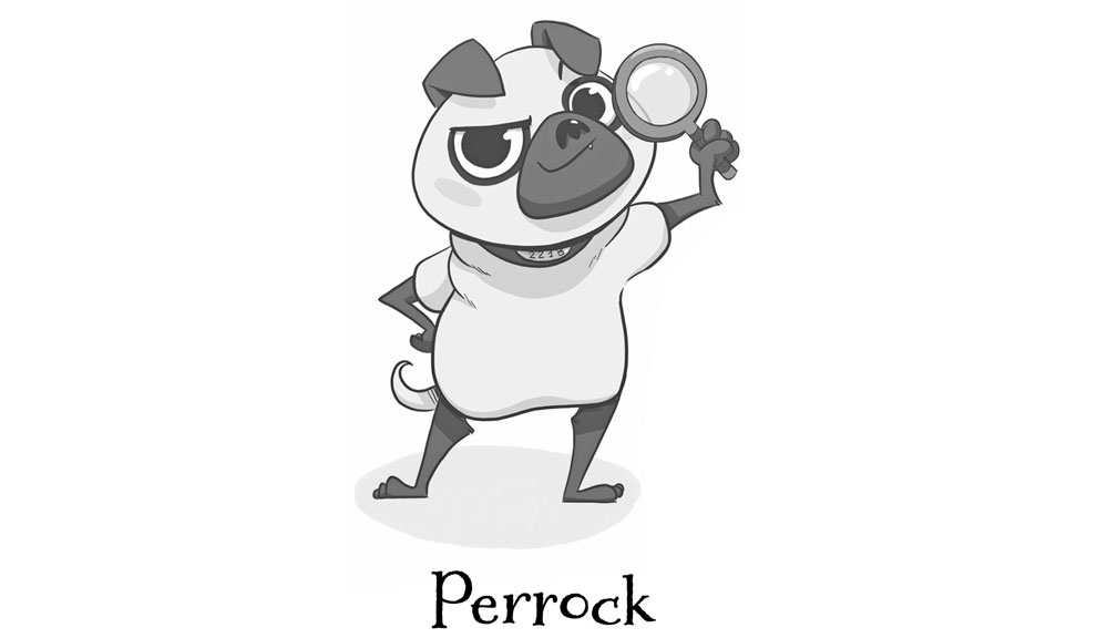 Ilustración que retrata a Perrock, un perro de raza bulldog claro con las patas, oreja y morro oscuros. Tiene en la mano antropomorfizada una lupa.