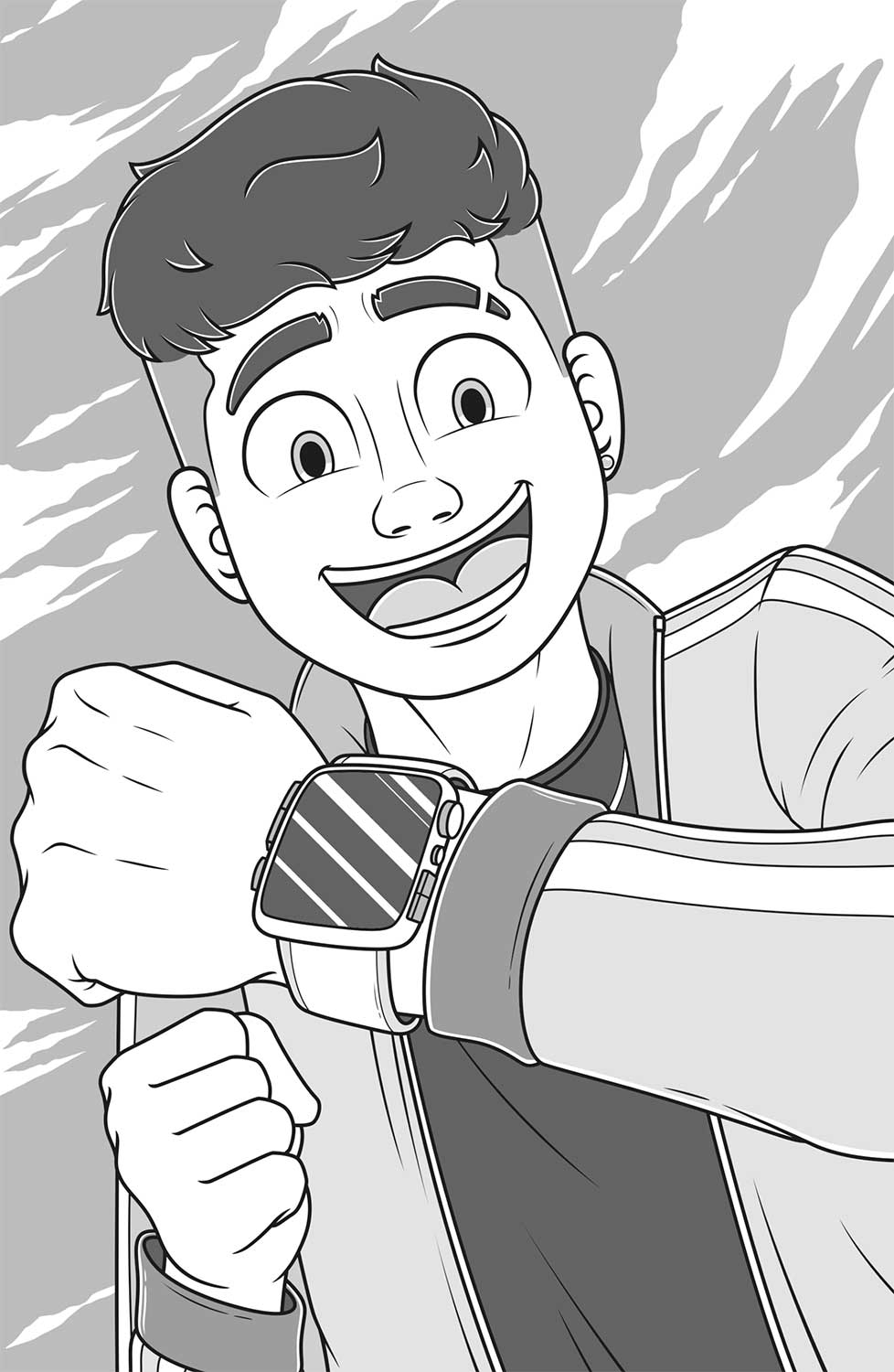 Ilustración de un chico con los ojos muy abiertos y una gran sonrisa mirando el reloj que lleva en la muñeca.