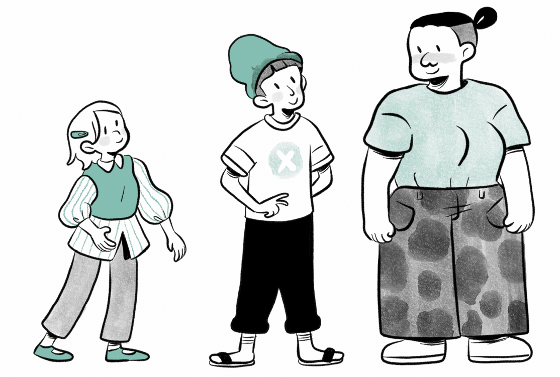 Il·lustració de tres persones somrient mirant-se entre elles: una nena, un noi i una dona d’aspecte corpulent.