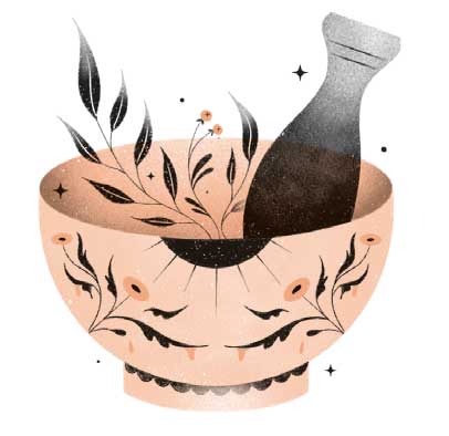 Ilustración de un mortero con algunas ramas en el interior.