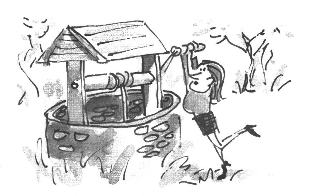 Ilustración de una mujer consiguiendo agua de un pozo