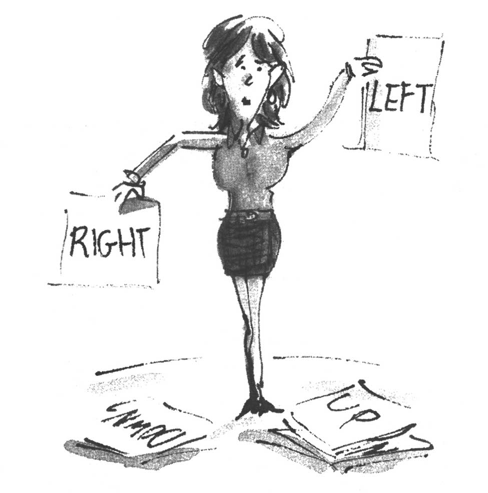 Ilustración de una mujer sujetando un cartel en cada mano, en uno tiene escrita la palabra right y en el otro la palabra left. En el suelo hay dos montones de carteles con palabras escritas. Se puede leer down y up en los dos papeles de más arriba.