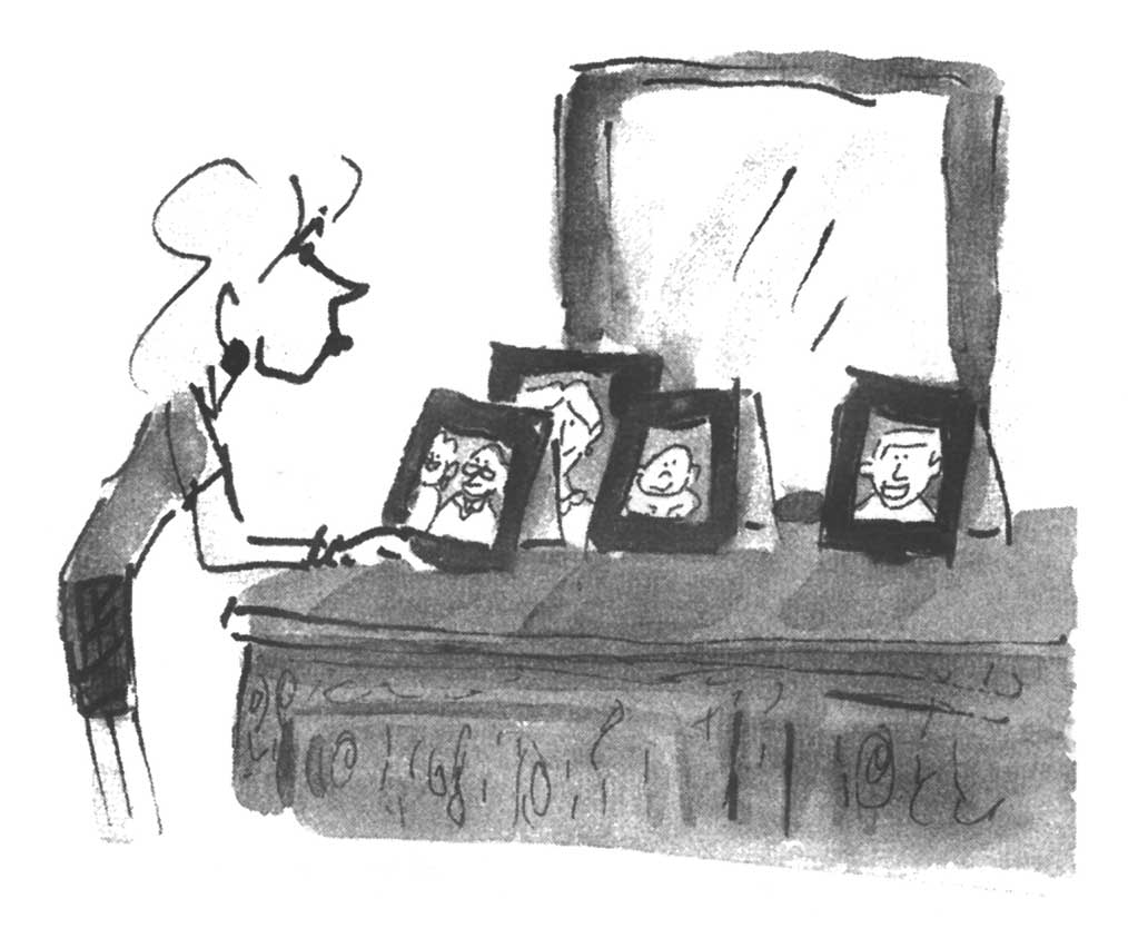 Ilustración de una mujer mirando fotografías enmarcadas