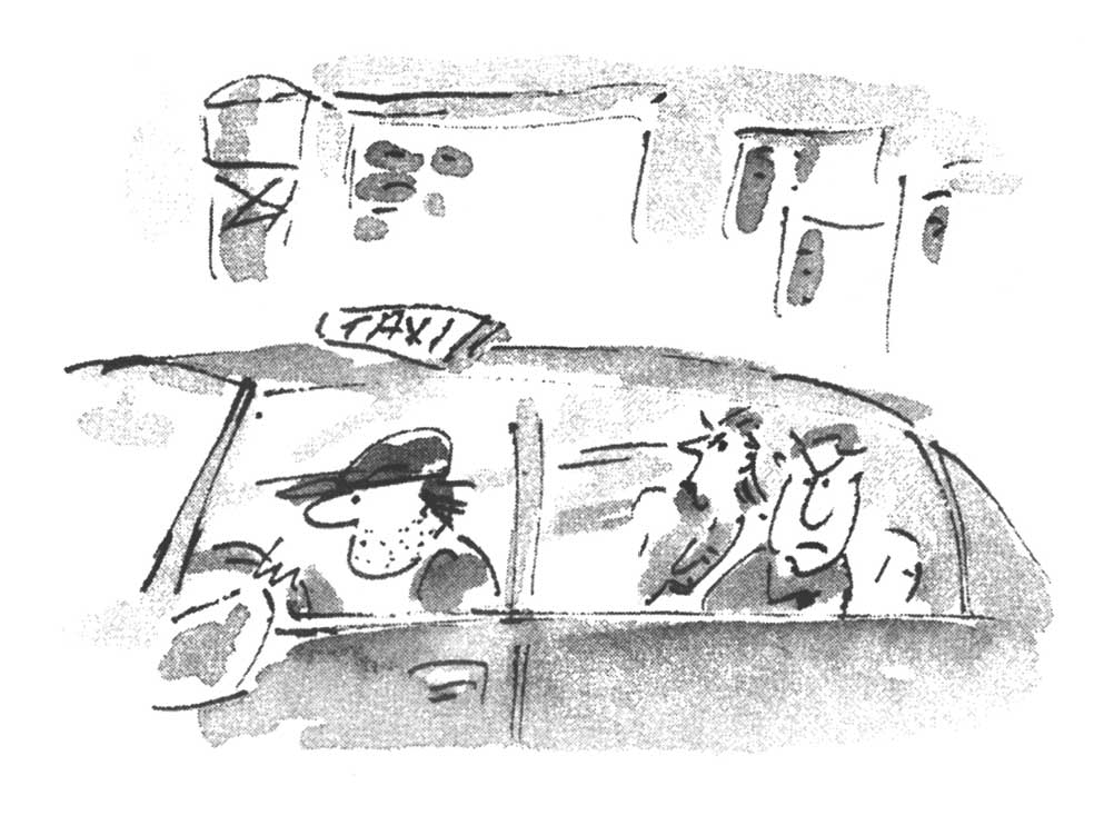 Ilustración de un hombre y una mujer sentados en un taxi con cara de enfadados