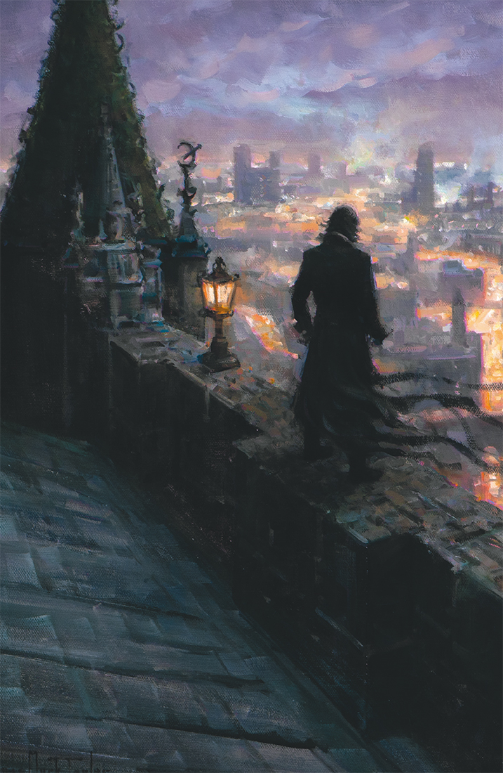 Ilustración a doble página y a color de Bryan Mark Taylor, en la que vemos la ciudad de Elendel pintada como al óleo. En primer plano hay una terraza iluminada por dos pequeñas farolas montadas en el antepecho, sobre el que se alza un hombre de espaldas a nosotros, vestido con gabán de brumas (gabardina con la parte de abajo recortada en flecos). Más allá se extiende la ciudad en sí bajo un cielo encapotado, iluminada por luz artificial y en la que destacan varios rascacielos que dominan la parte derecha de la imagen. 